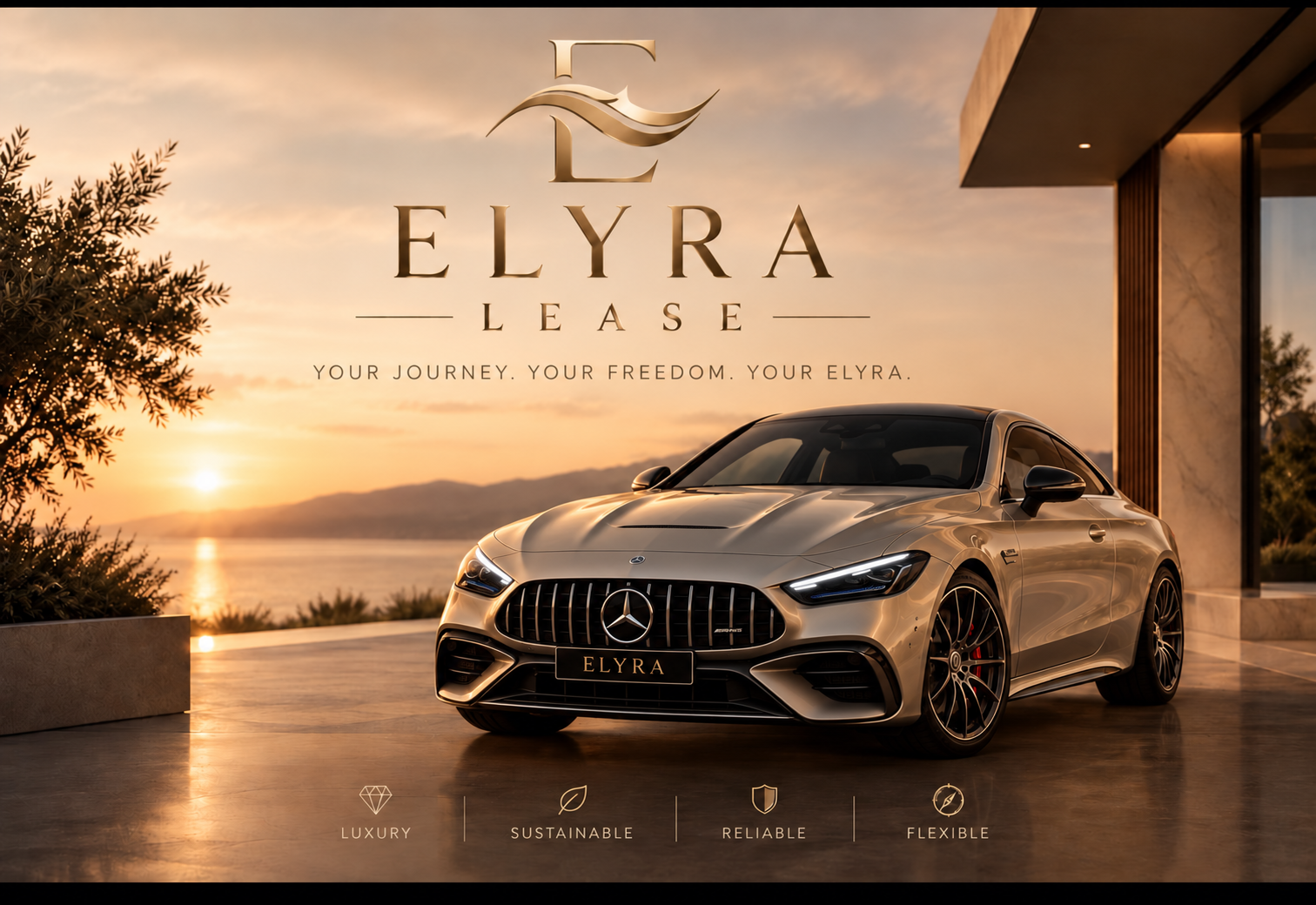 Elyra Lease met een Mercedes-coupé bij zonsondergang